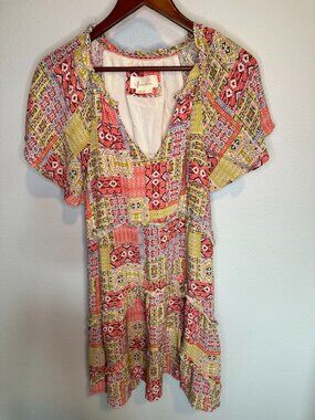 By Anthropologie Robin Tiered Boho Cottagecore Patchwork Mini Dress - S